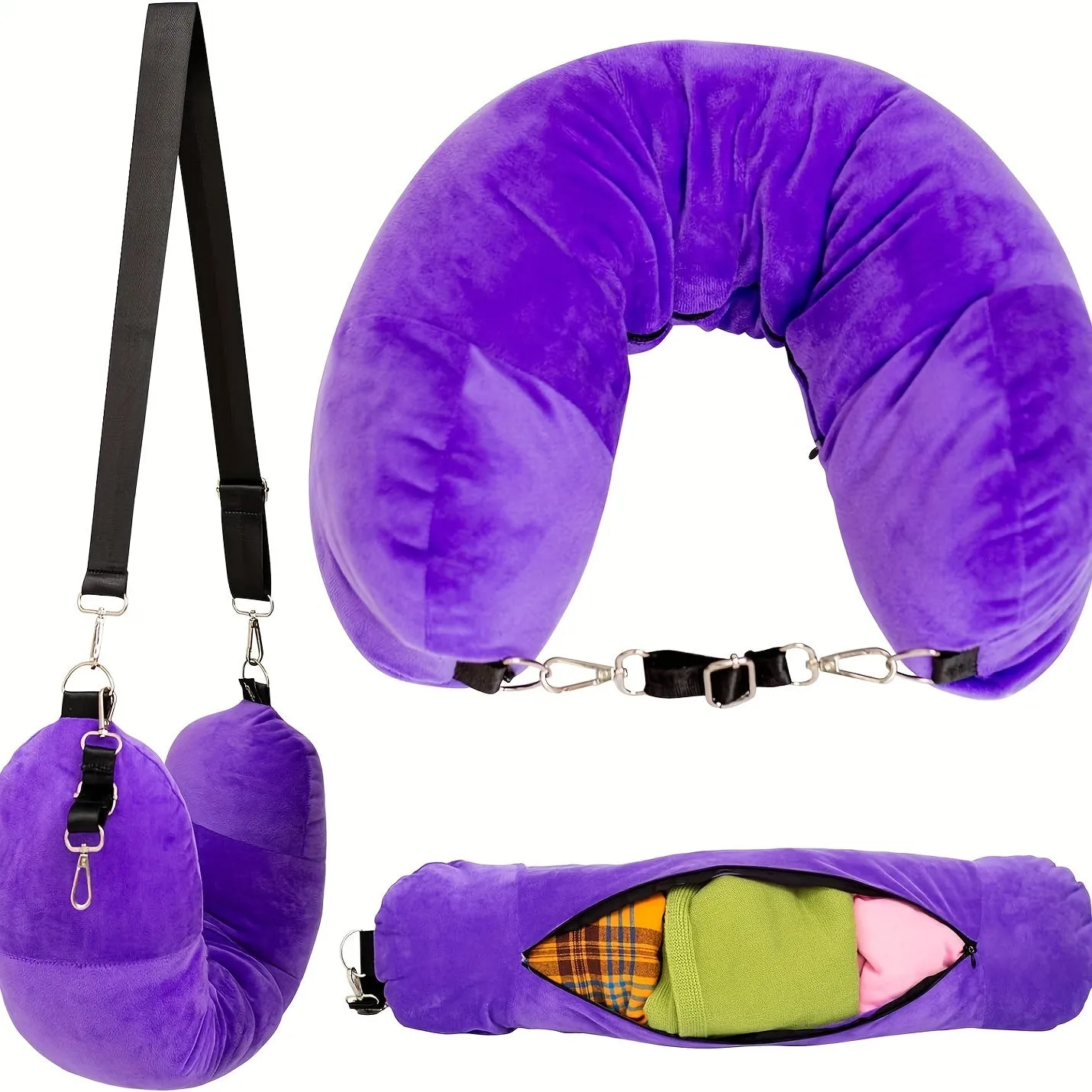 Lightweight Soft U-Shaped Travel Pillow with Storage Pocket, Machine Washable, Adjustable Firmness Whole Body Support, Woven Polyester Cover - Convenient for Traveling