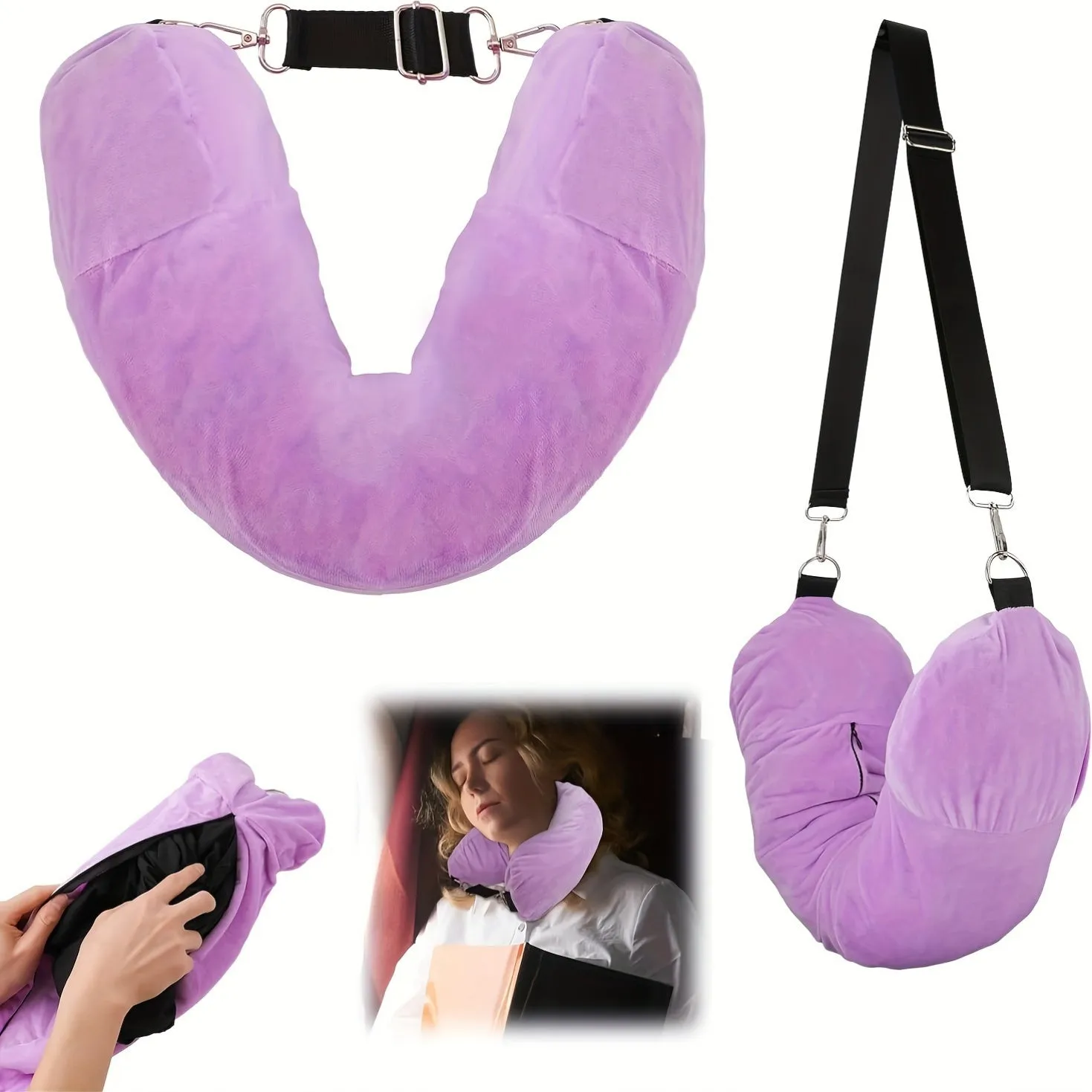 Lightweight Soft U-Shaped Travel Pillow with Storage Pocket, Machine Washable, Adjustable Firmness Whole Body Support, Woven Polyester Cover - Convenient for Traveling