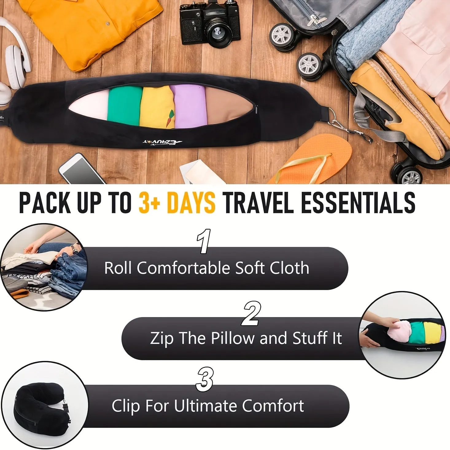 Lightweight Soft U-Shaped Travel Pillow with Storage Pocket, Machine Washable, Adjustable Firmness Whole Body Support, Woven Polyester Cover - Convenient for Traveling