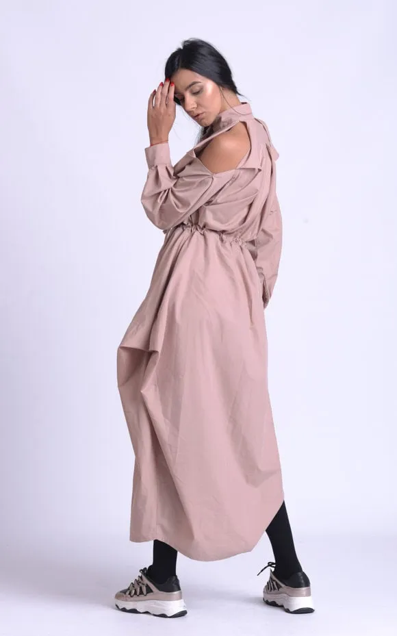 Long Beige Dress With Open Shoulders