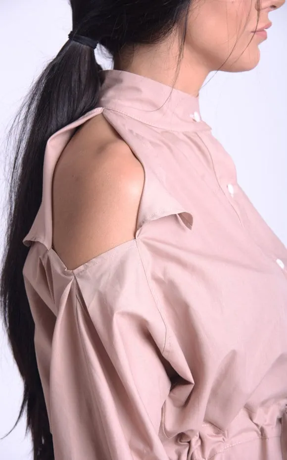 Long Beige Dress With Open Shoulders
