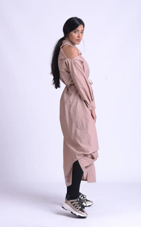 Long Beige Dress With Open Shoulders