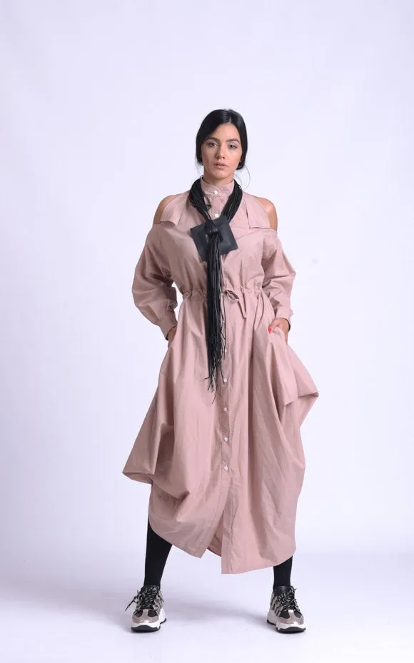 Long Beige Dress With Open Shoulders