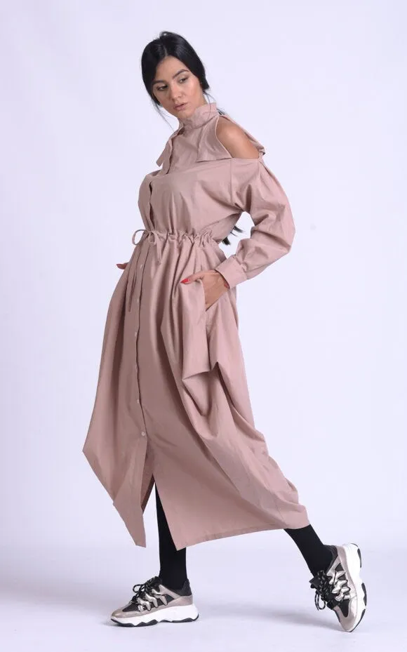 Long Beige Dress With Open Shoulders