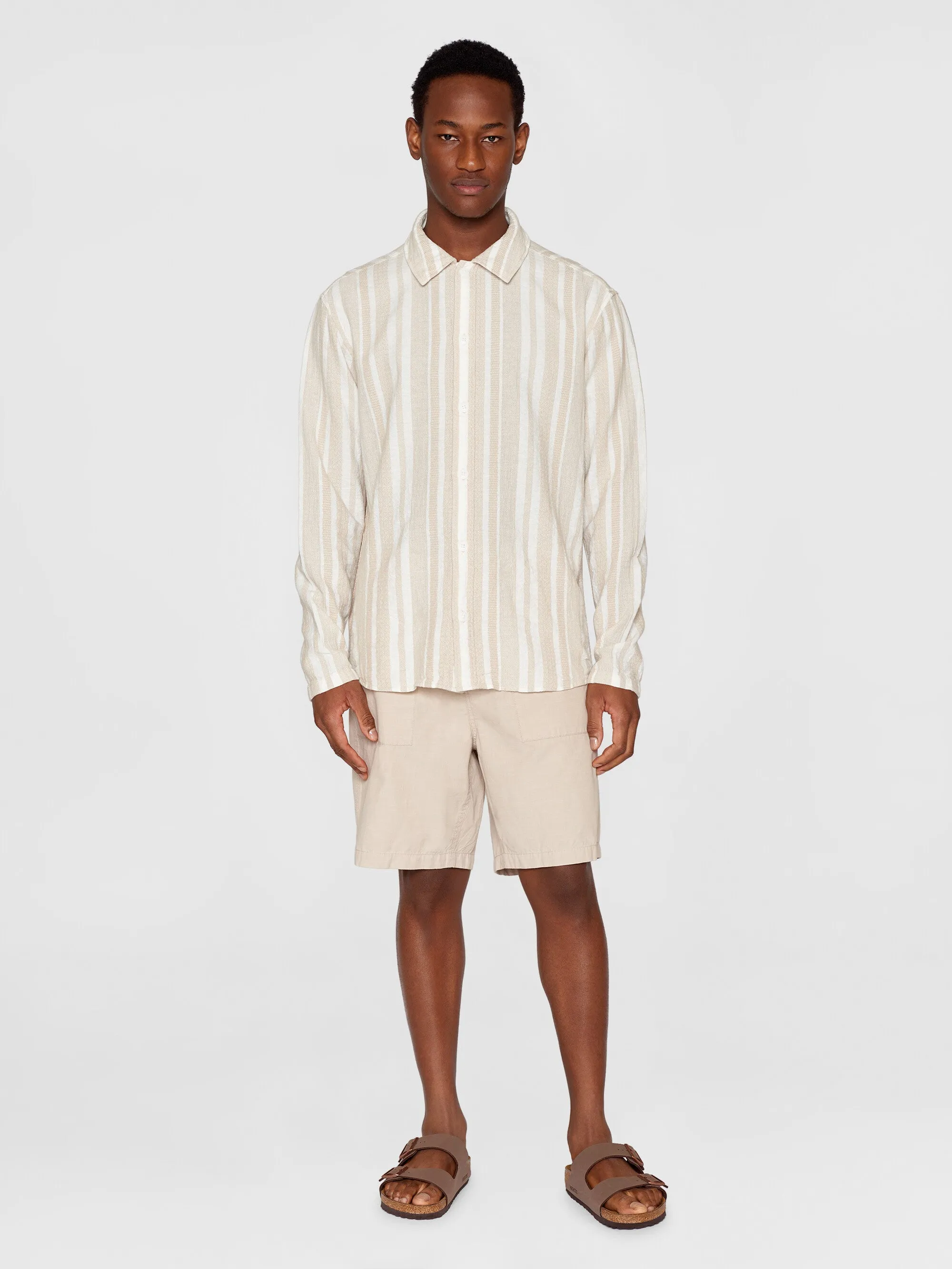 Loose jacquard woven striped shirt - GOTS/Vegan - Beige stripe
