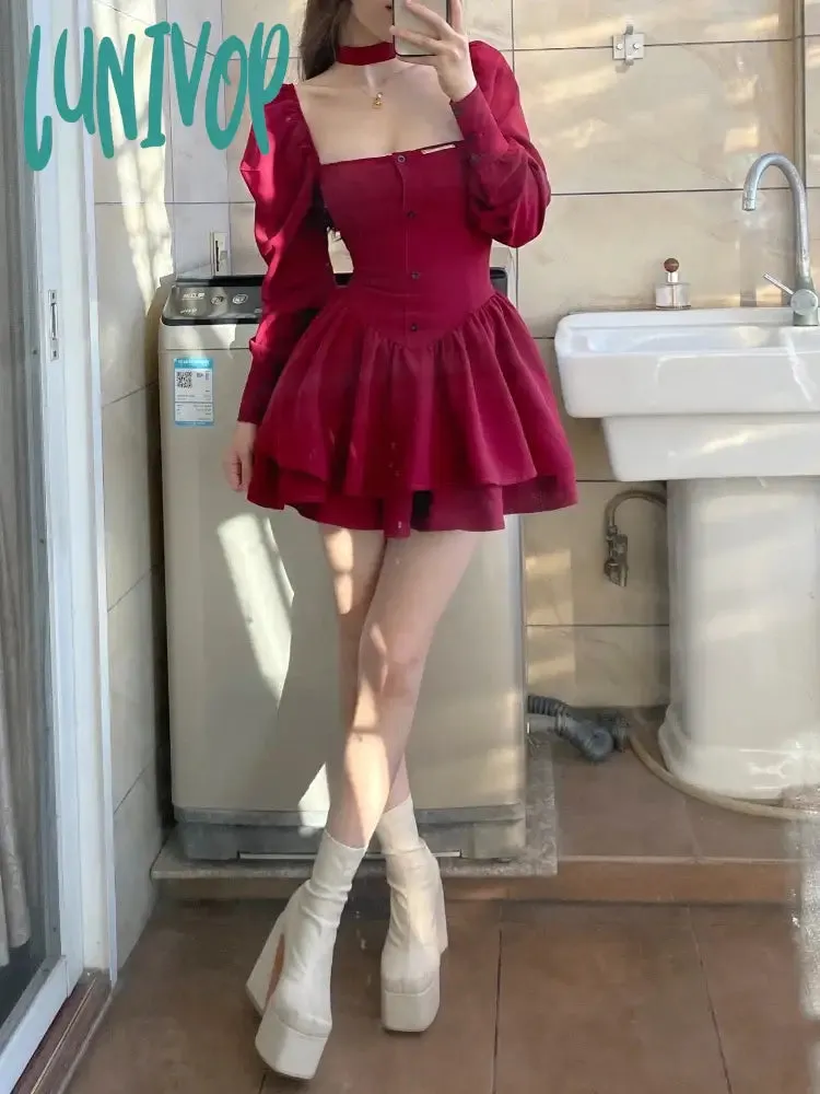 Lunivop Black Vintage 3 Piece Skirt Set Women Sexy Lolita Y2k Mini Skirt Suit Female Casual Korean Fashion Long Sleeve Retro Set