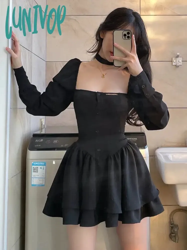 Lunivop Black Vintage 3 Piece Skirt Set Women Sexy Lolita Y2k Mini Skirt Suit Female Casual Korean Fashion Long Sleeve Retro Set