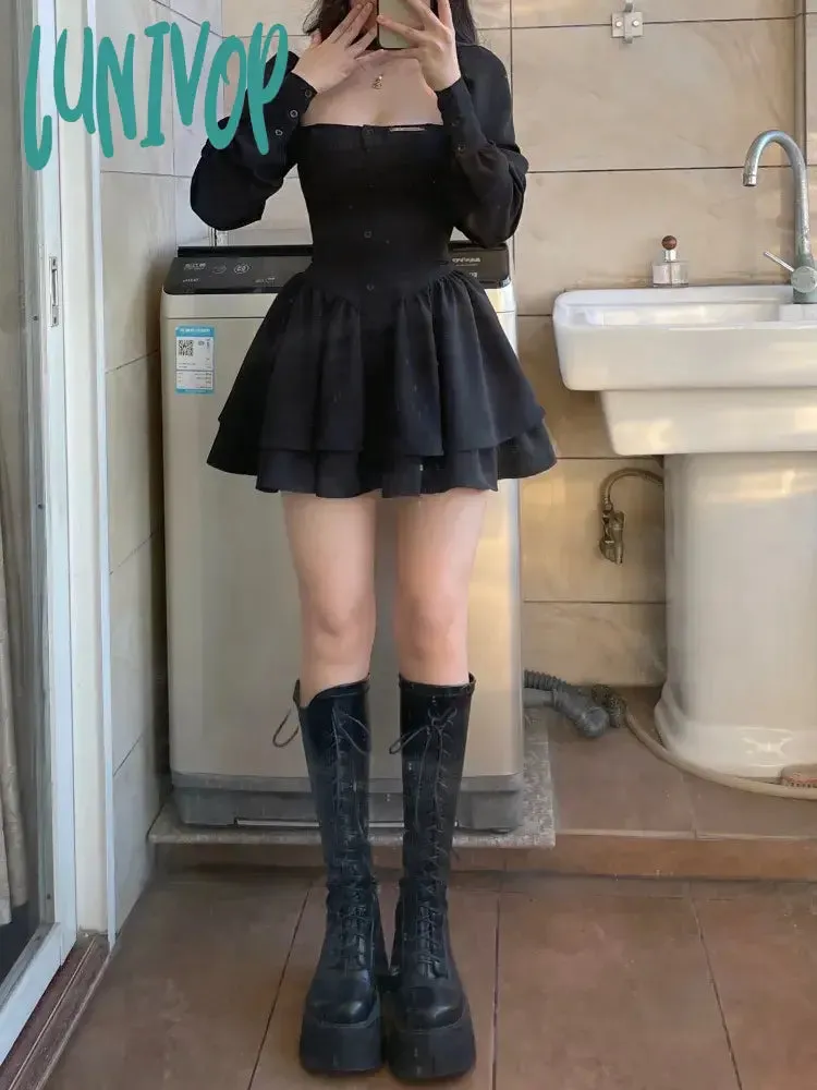 Lunivop Black Vintage 3 Piece Skirt Set Women Sexy Lolita Y2k Mini Skirt Suit Female Casual Korean Fashion Long Sleeve Retro Set