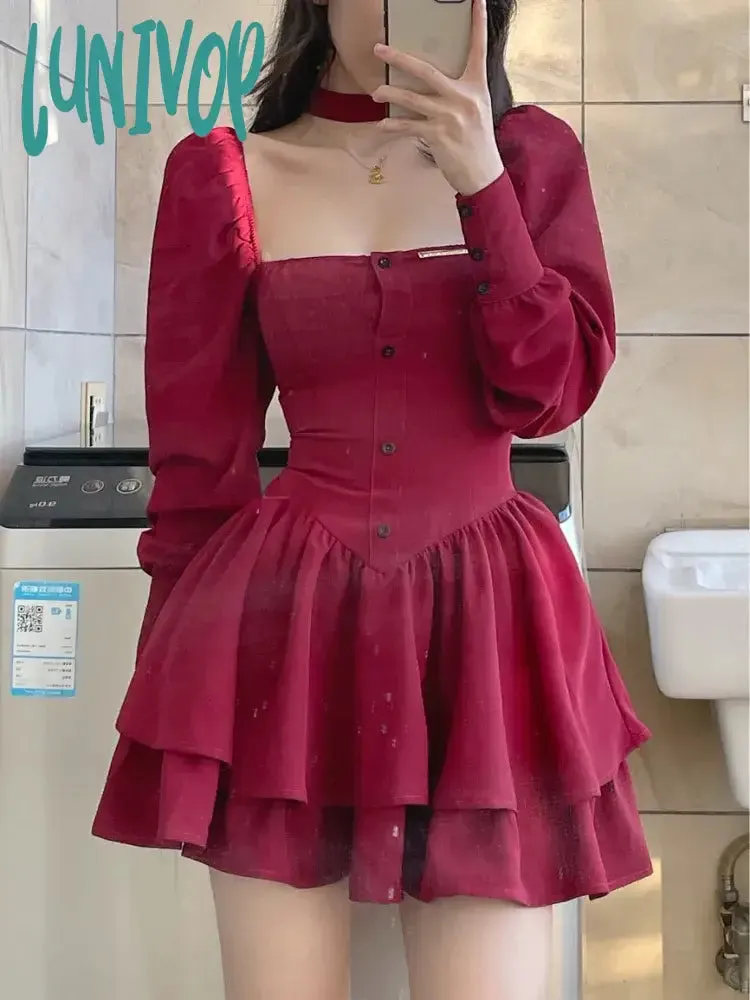 Lunivop Black Vintage 3 Piece Skirt Set Women Sexy Lolita Y2k Mini Skirt Suit Female Casual Korean Fashion Long Sleeve Retro Set