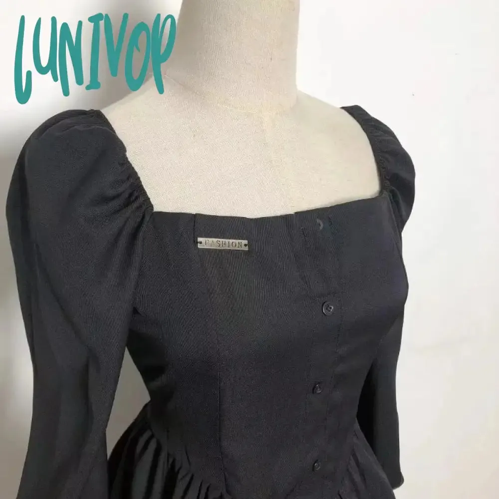 Lunivop Black Vintage 3 Piece Skirt Set Women Sexy Lolita Y2k Mini Skirt Suit Female Casual Korean Fashion Long Sleeve Retro Set