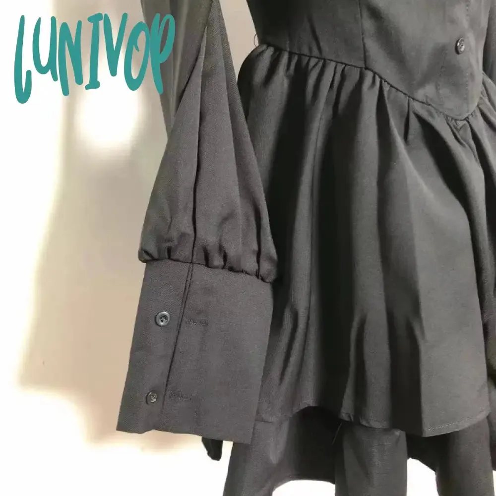 Lunivop Black Vintage 3 Piece Skirt Set Women Sexy Lolita Y2k Mini Skirt Suit Female Casual Korean Fashion Long Sleeve Retro Set