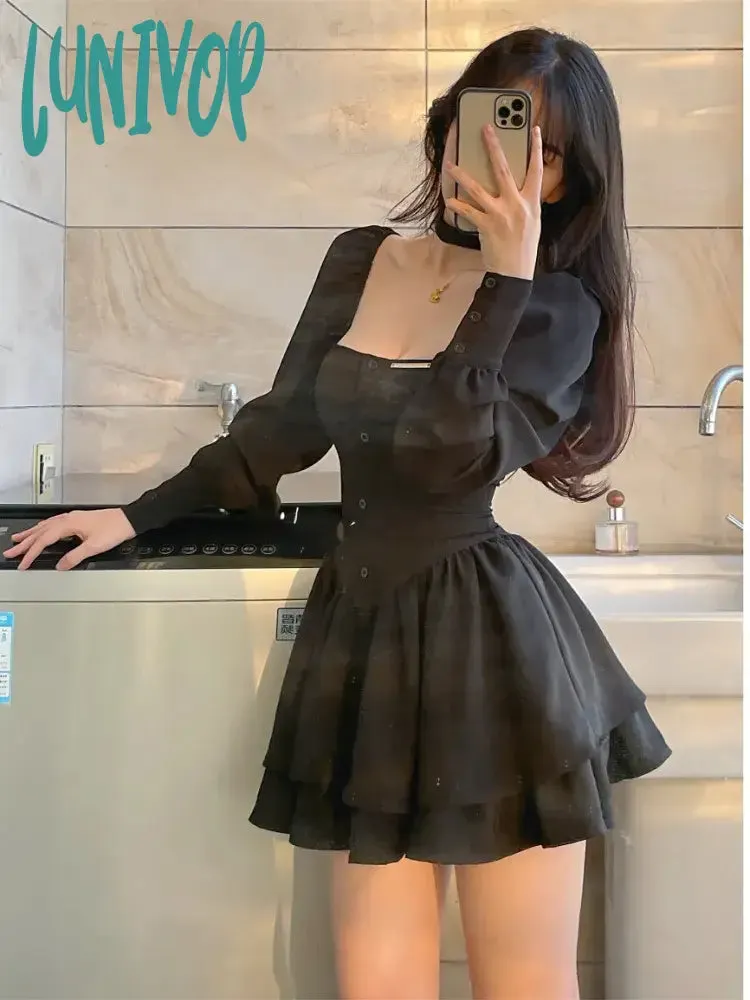 Lunivop Black Vintage 3 Piece Skirt Set Women Sexy Lolita Y2k Mini Skirt Suit Female Casual Korean Fashion Long Sleeve Retro Set