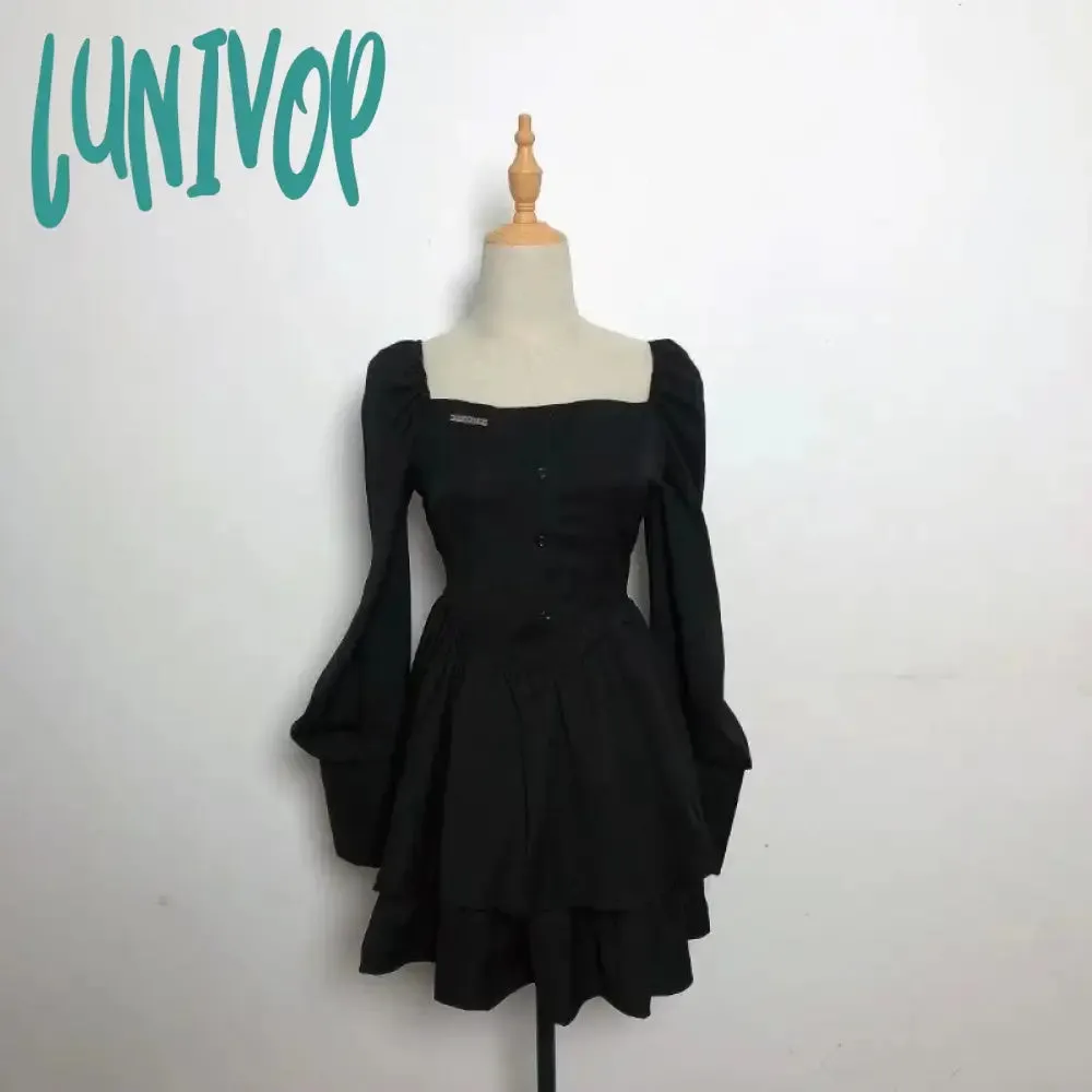 Lunivop Black Vintage 3 Piece Skirt Set Women Sexy Lolita Y2k Mini Skirt Suit Female Casual Korean Fashion Long Sleeve Retro Set