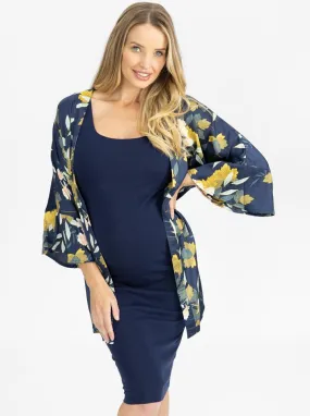 Maternity Blooming Sateen Nursing Floral Wrap Top in Navy