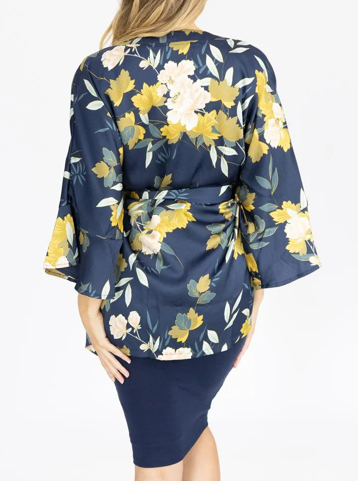 Maternity Blooming Sateen Nursing Floral Wrap Top in Navy