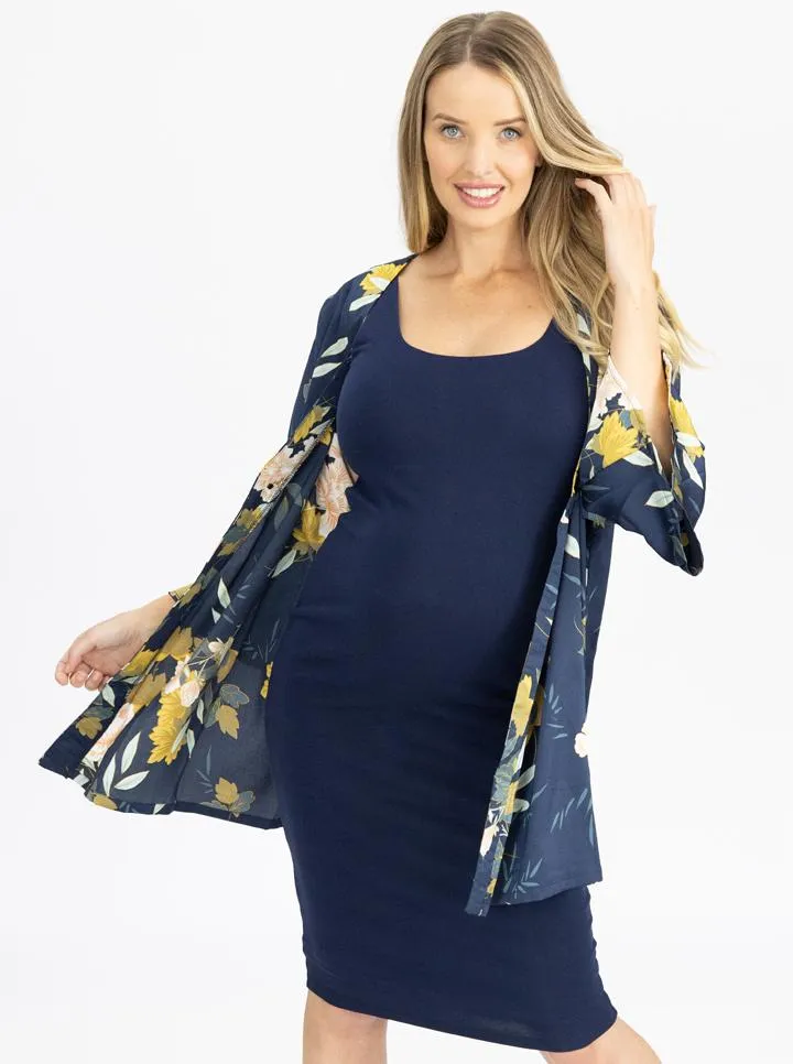 Maternity Blooming Sateen Nursing Floral Wrap Top in Navy