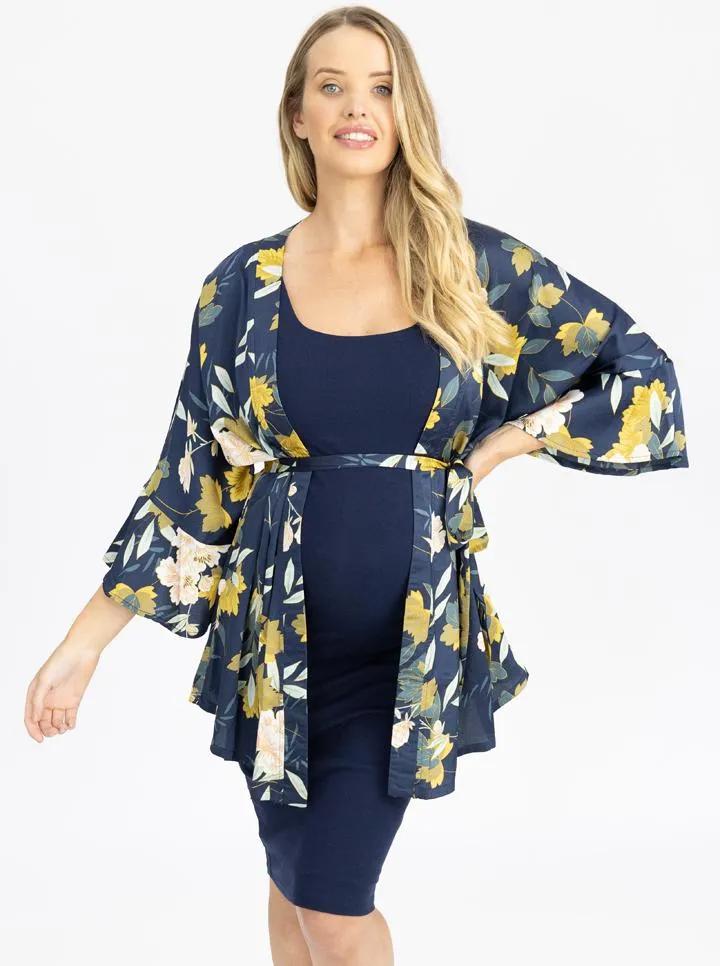 Maternity Blooming Sateen Nursing Floral Wrap Top in Navy