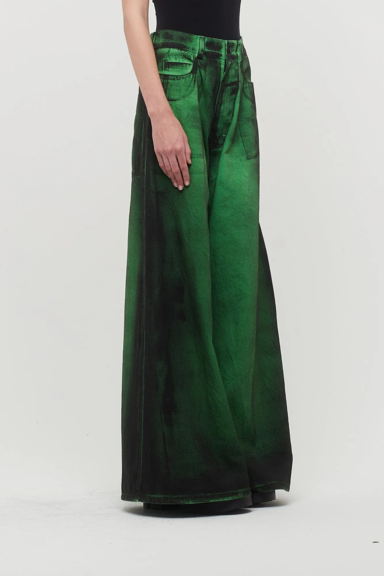 Melitta Baumeister Wide Leg Denim Pants in Green Painted Cotton Denim