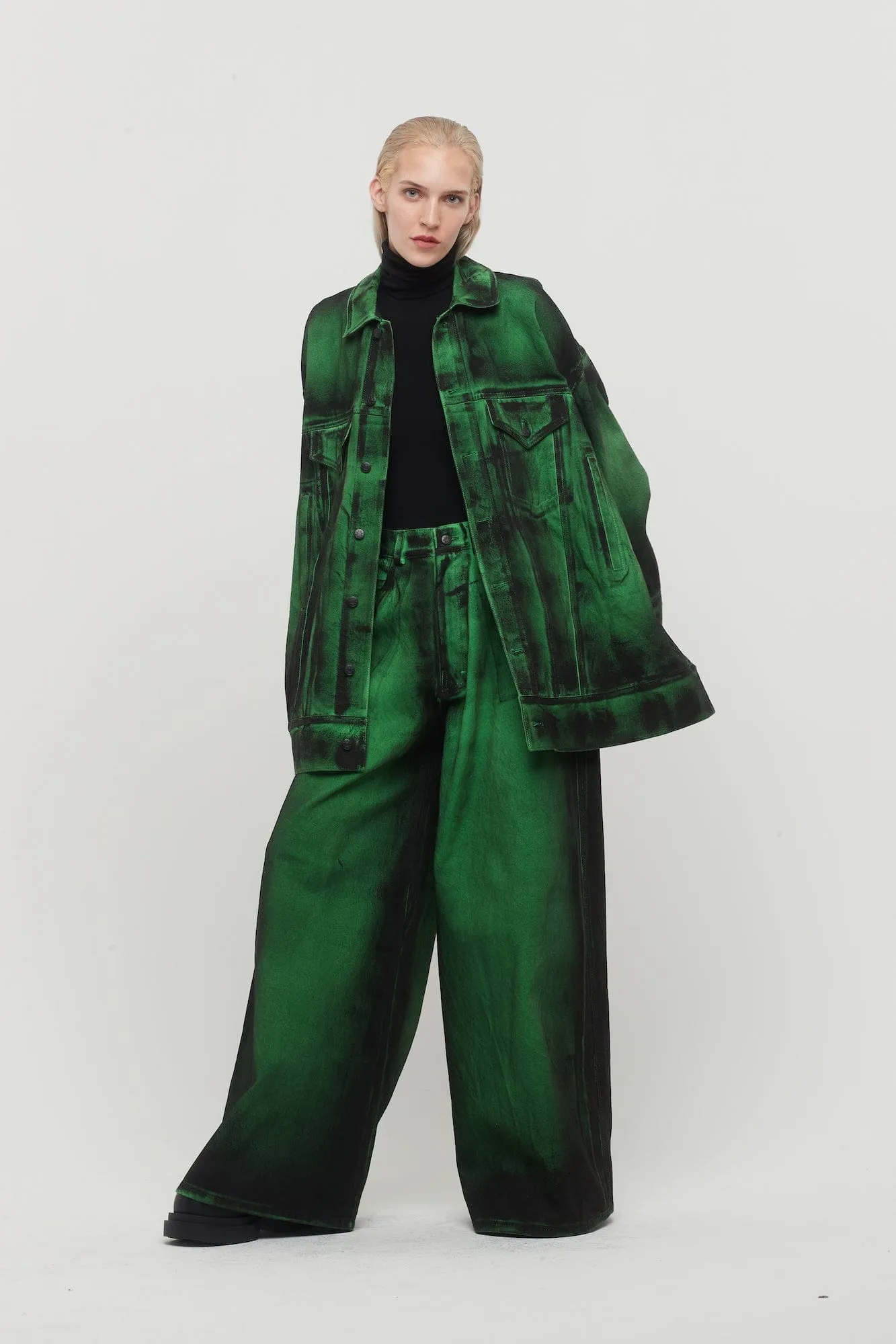 Melitta Baumeister Wide Leg Denim Pants in Green Painted Cotton Denim