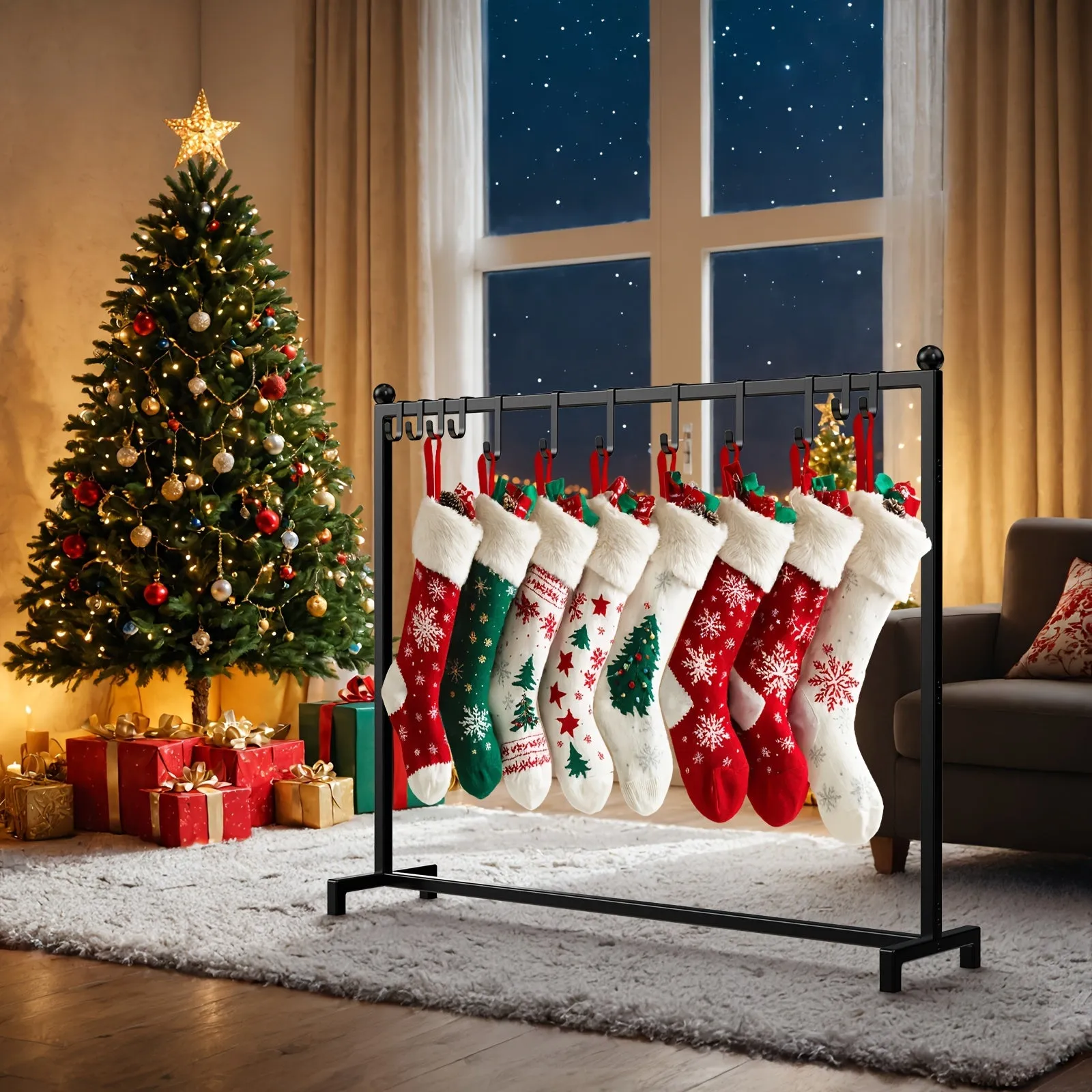 Minicloss 1pc Metal Christmas Stocking Holder Stand, Freestanding with 12 Hooks (6 Small, 6 Large), Festive Decorations and Tree Sock Organizer, Iron Material, for Home & Outdoor Use, No Power Required, for Christmas & Halloween