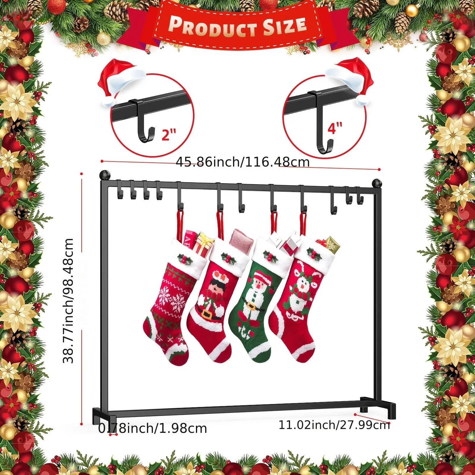 Minicloss 1pc Metal Christmas Stocking Holder Stand, Freestanding with 12 Hooks (6 Small, 6 Large), Festive Decorations and Tree Sock Organizer, Iron Material, for Home & Outdoor Use, No Power Required, for Christmas & Halloween