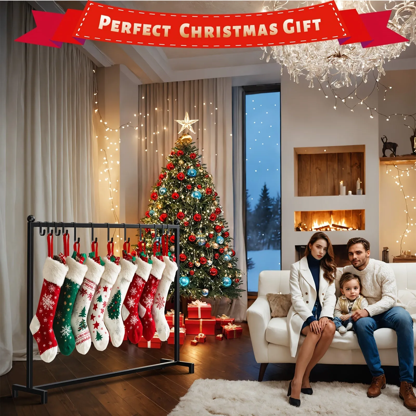 Minicloss 1pc Metal Christmas Stocking Holder Stand, Freestanding with 12 Hooks (6 Small, 6 Large), Festive Decorations and Tree Sock Organizer, Iron Material, for Home & Outdoor Use, No Power Required, for Christmas & Halloween