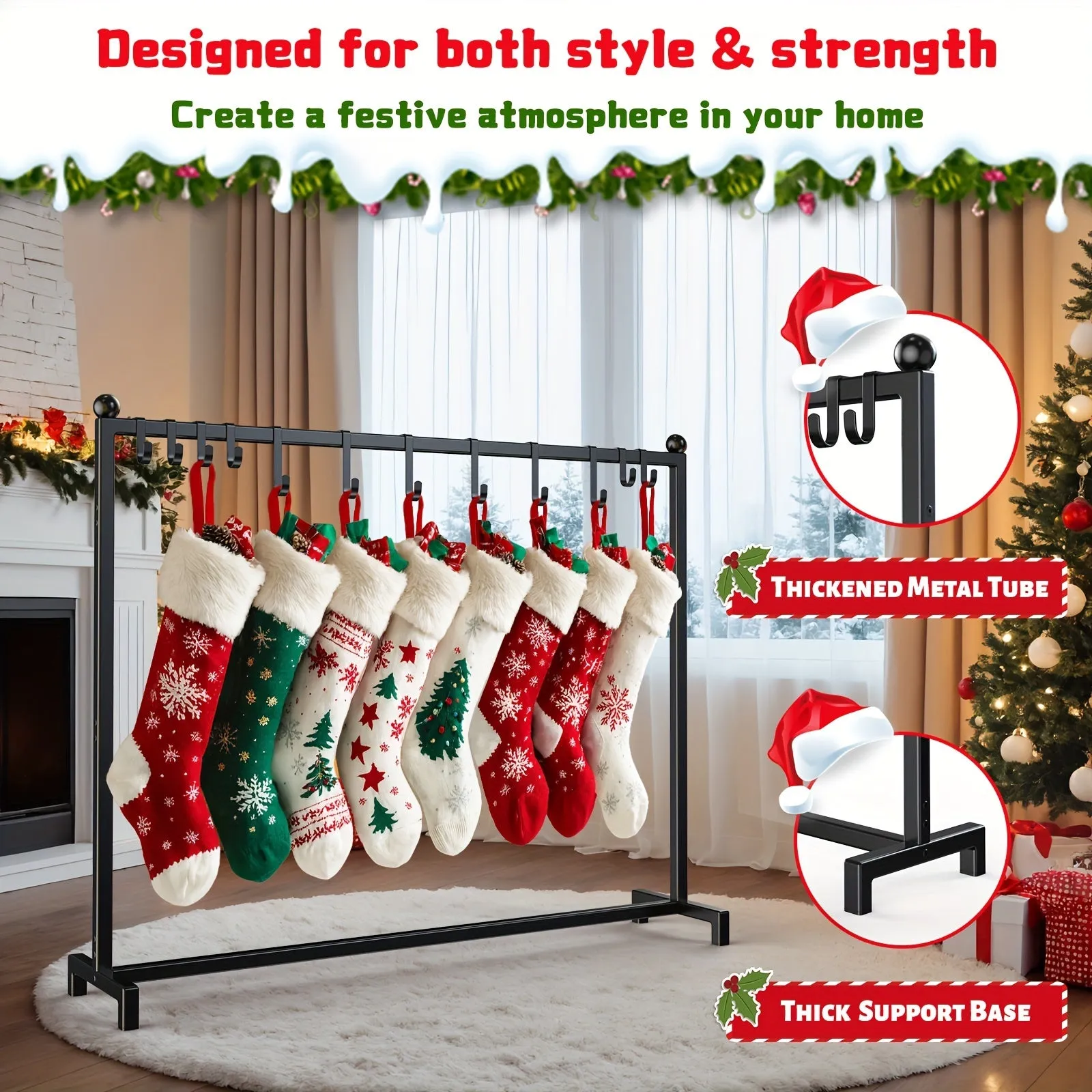 Minicloss 1pc Metal Christmas Stocking Holder Stand, Freestanding with 12 Hooks (6 Small, 6 Large), Festive Decorations and Tree Sock Organizer, Iron Material, for Home & Outdoor Use, No Power Required, for Christmas & Halloween