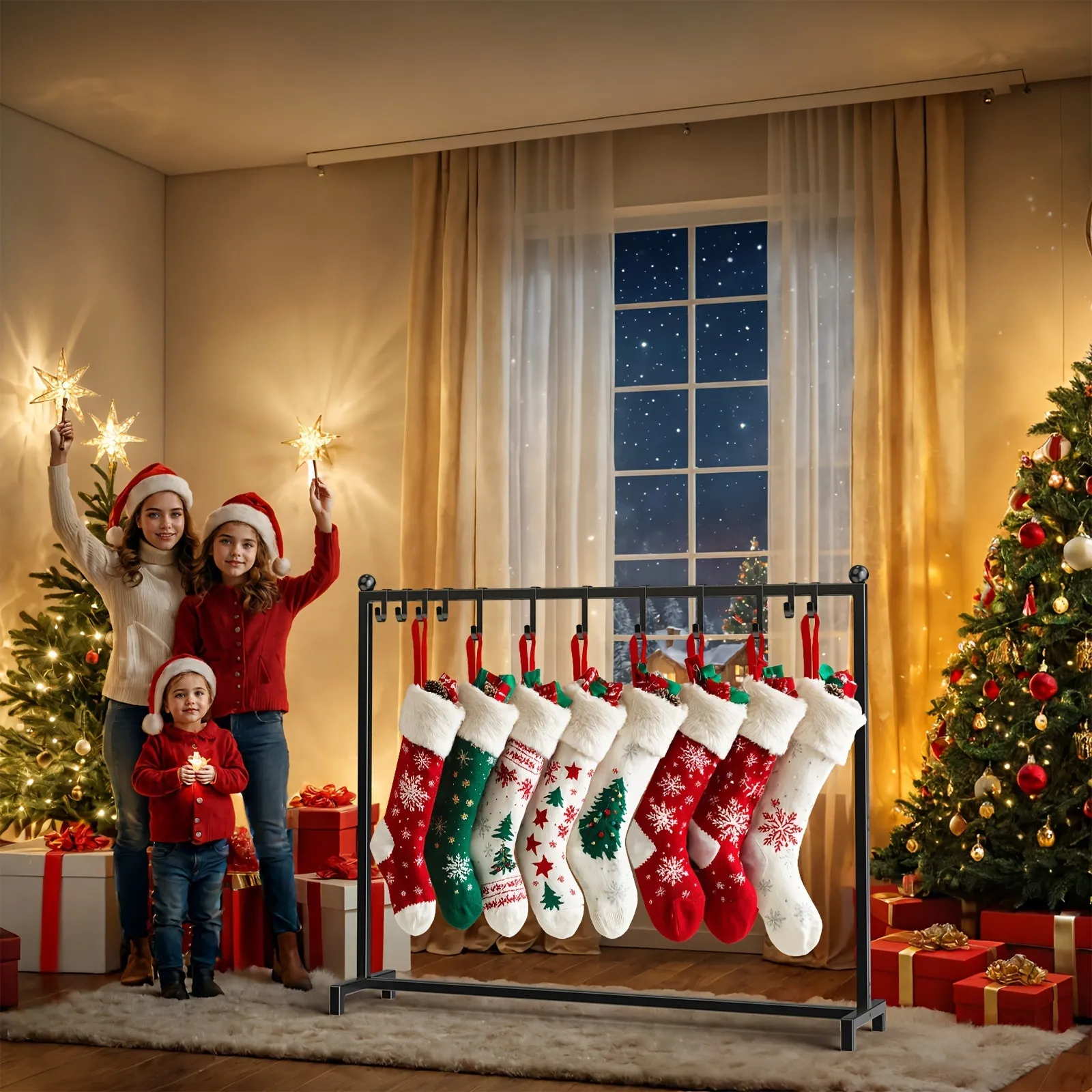 Minicloss 1pc Metal Christmas Stocking Holder Stand, Freestanding with 12 Hooks (6 Small, 6 Large), Festive Decorations and Tree Sock Organizer, Iron Material, for Home & Outdoor Use, No Power Required, for Christmas & Halloween
