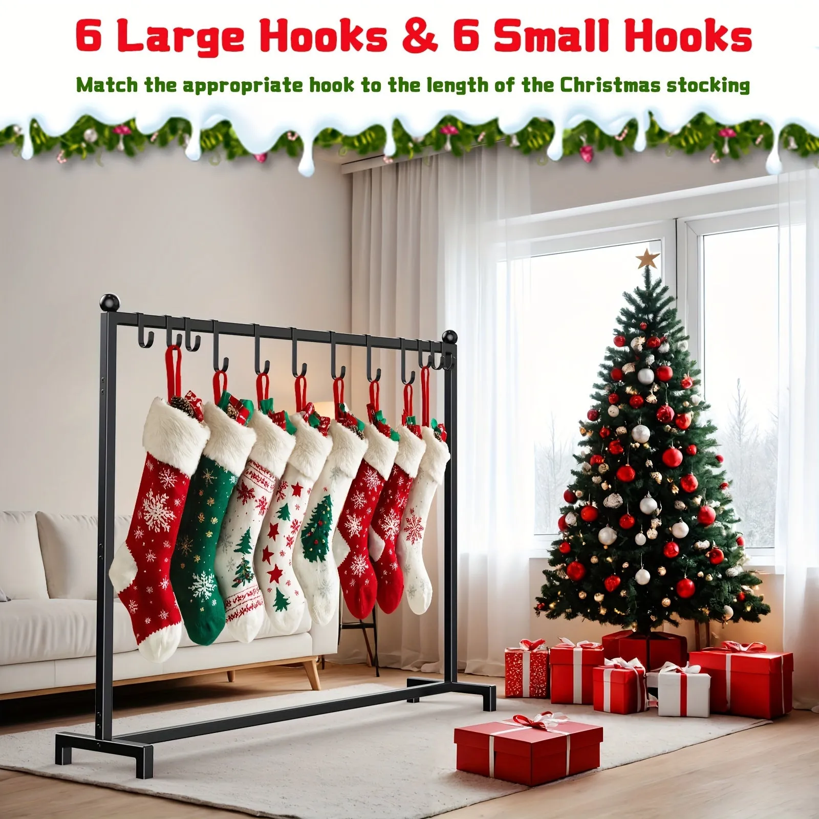 Minicloss 1pc Metal Christmas Stocking Holder Stand, Freestanding with 12 Hooks (6 Small, 6 Large), Festive Decorations and Tree Sock Organizer, Iron Material, for Home & Outdoor Use, No Power Required, for Christmas & Halloween