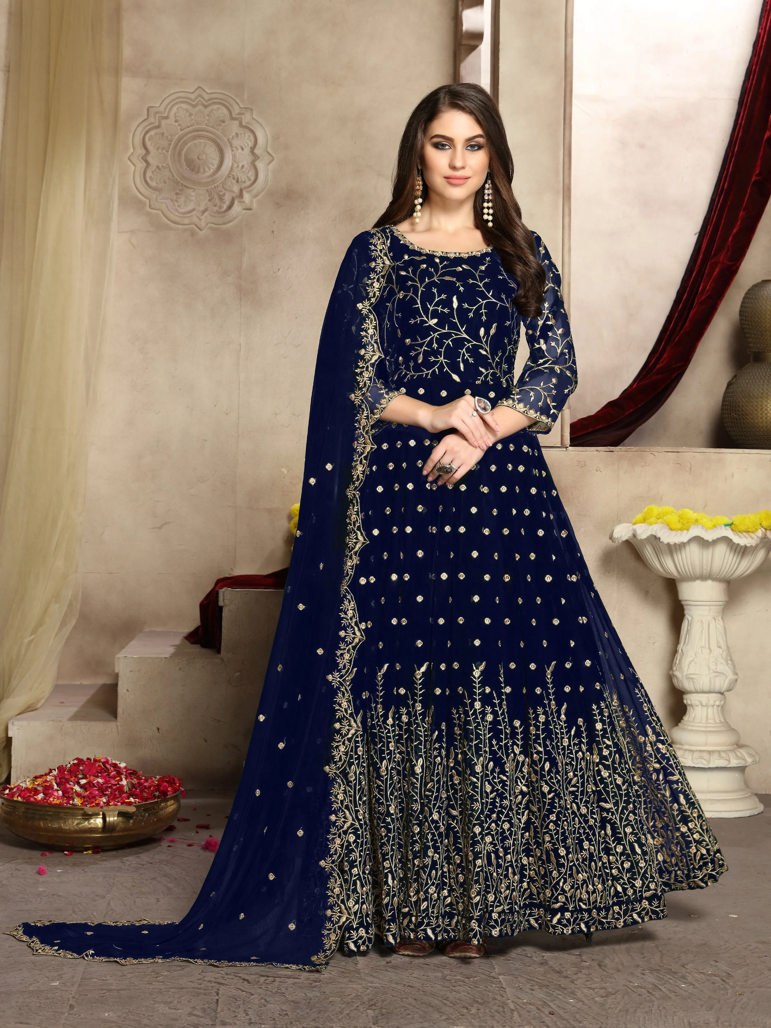 Navy Blue Heavy Embroidered Georgette Anarkali Suit