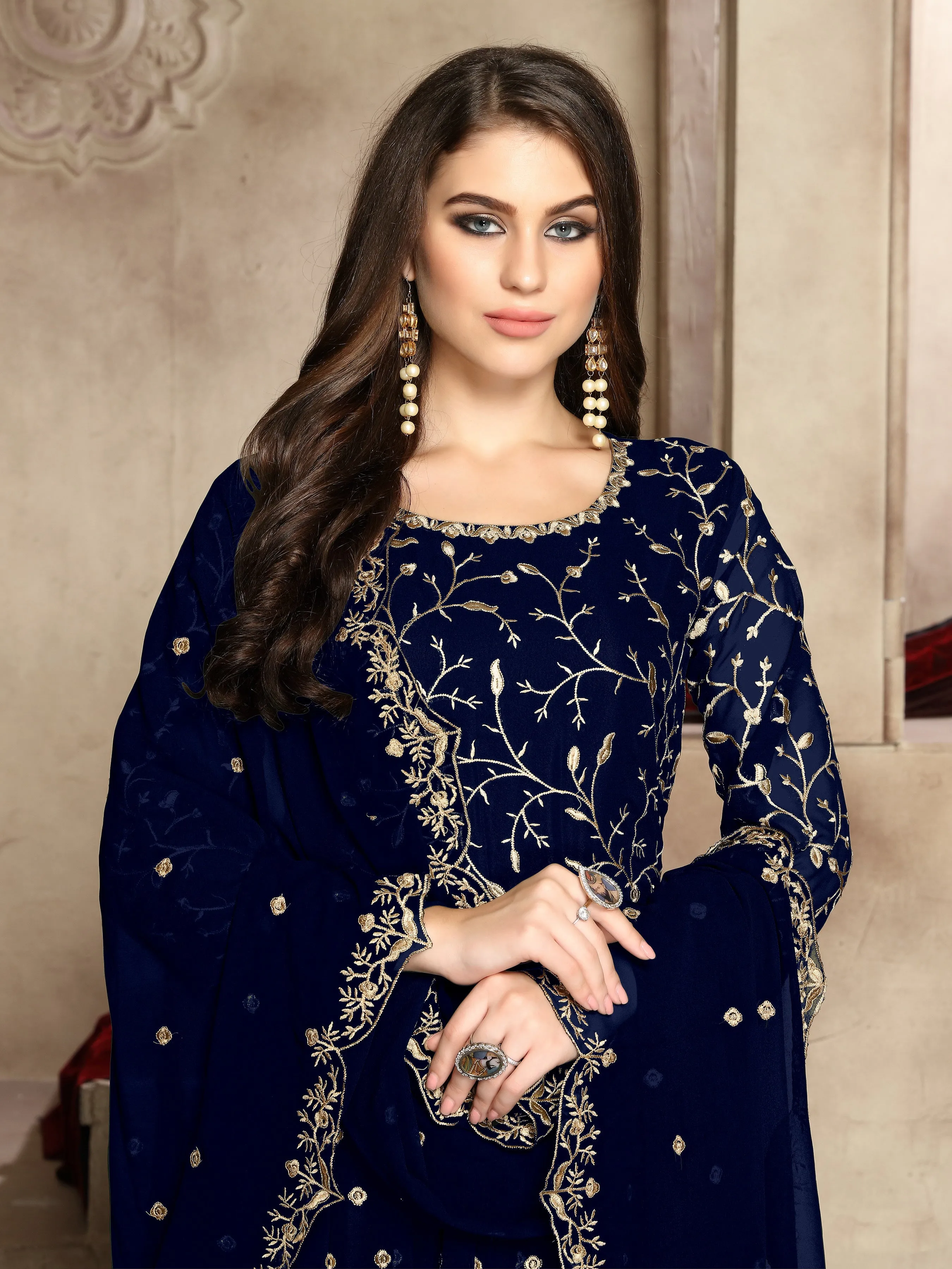 Navy Blue Heavy Embroidered Georgette Anarkali Suit