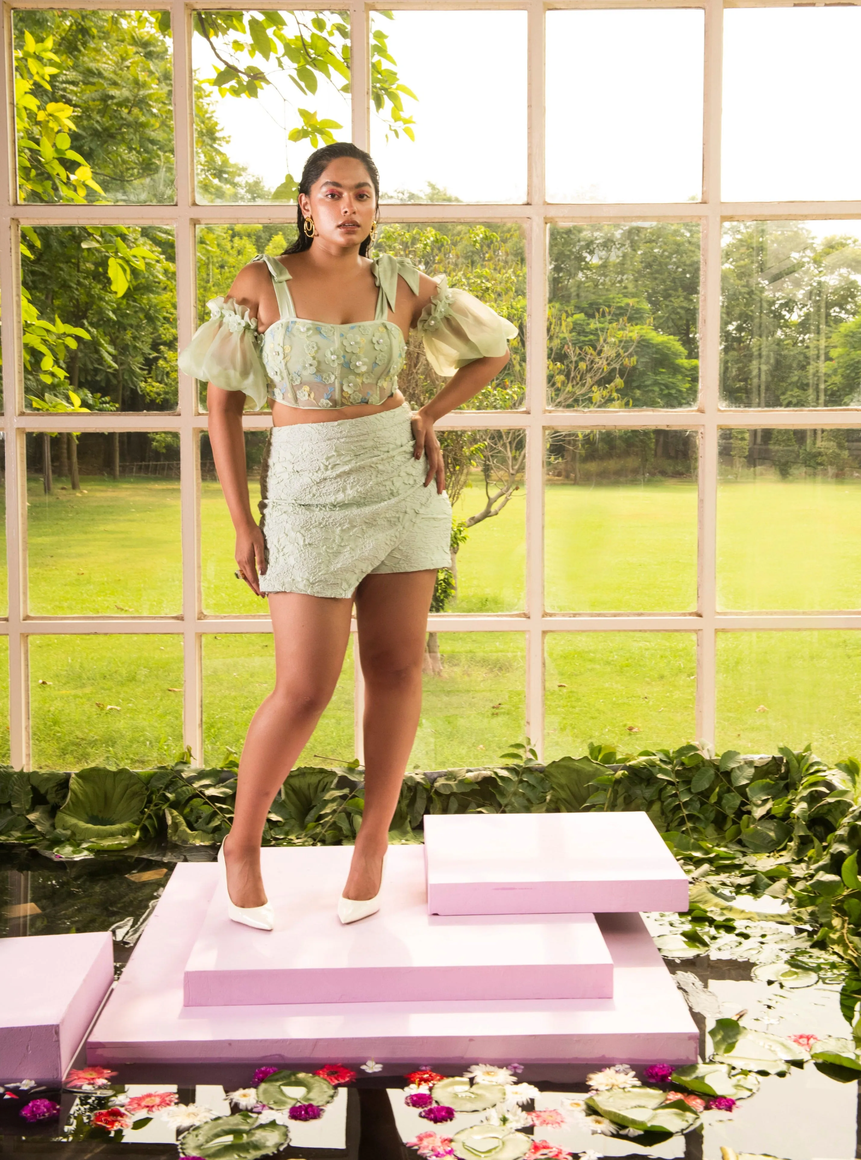 Odette Sage Green Embroidered Jacquard Skort