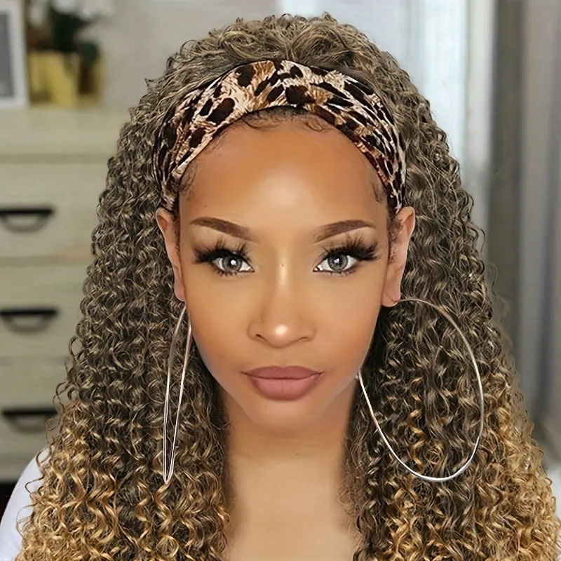 Ombre Blonde Curly Headband Wig for Women - Soft Afro Curly Coily Synthetic Hair, Rose Net Cap, Basics Style, Perfect for Mothers Day Gifts and Everyday Wear