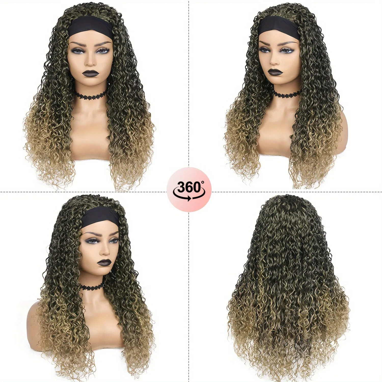 Ombre Blonde Curly Headband Wig for Women - Soft Afro Curly Coily Synthetic Hair, Rose Net Cap, Basics Style, Perfect for Mothers Day Gifts and Everyday Wear