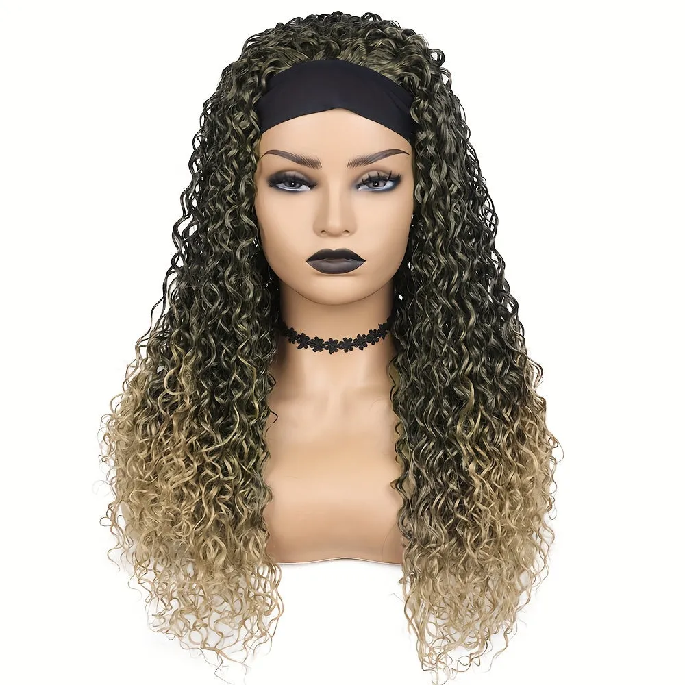 Ombre Blonde Curly Headband Wig for Women - Soft Afro Curly Coily Synthetic Hair, Rose Net Cap, Basics Style, Perfect for Mothers Day Gifts and Everyday Wear