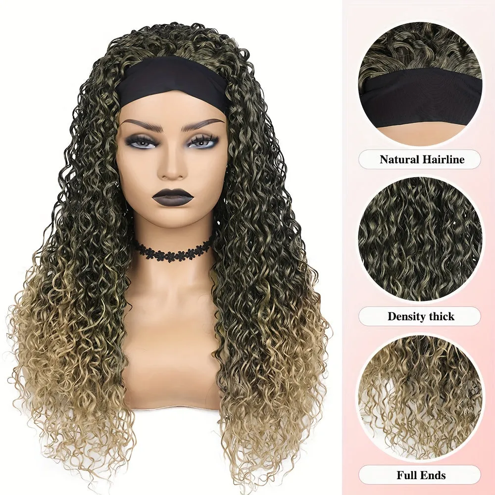 Ombre Blonde Curly Headband Wig for Women - Soft Afro Curly Coily Synthetic Hair, Rose Net Cap, Basics Style, Perfect for Mothers Day Gifts and Everyday Wear