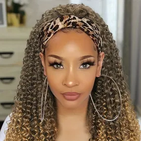 Ombre Blonde Curly Headband Wig for Women - Soft Afro Curly Coily Synthetic Hair, Rose Net Cap, Basics Style, Perfect for Mothers Day Gifts and Everyday Wear