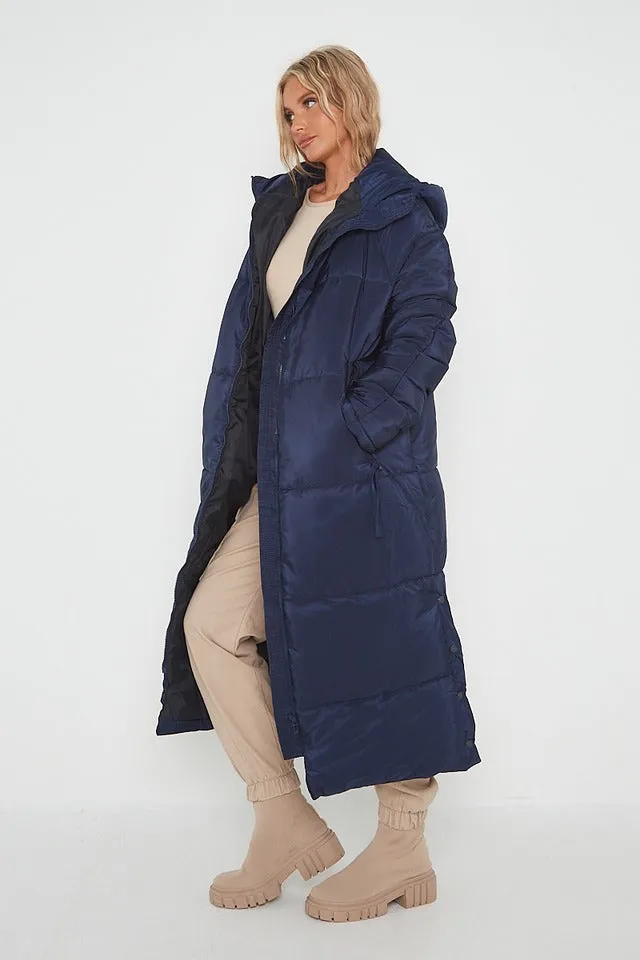 PETITE HOODED LONGLINE PUFFER JACKET-NAVY