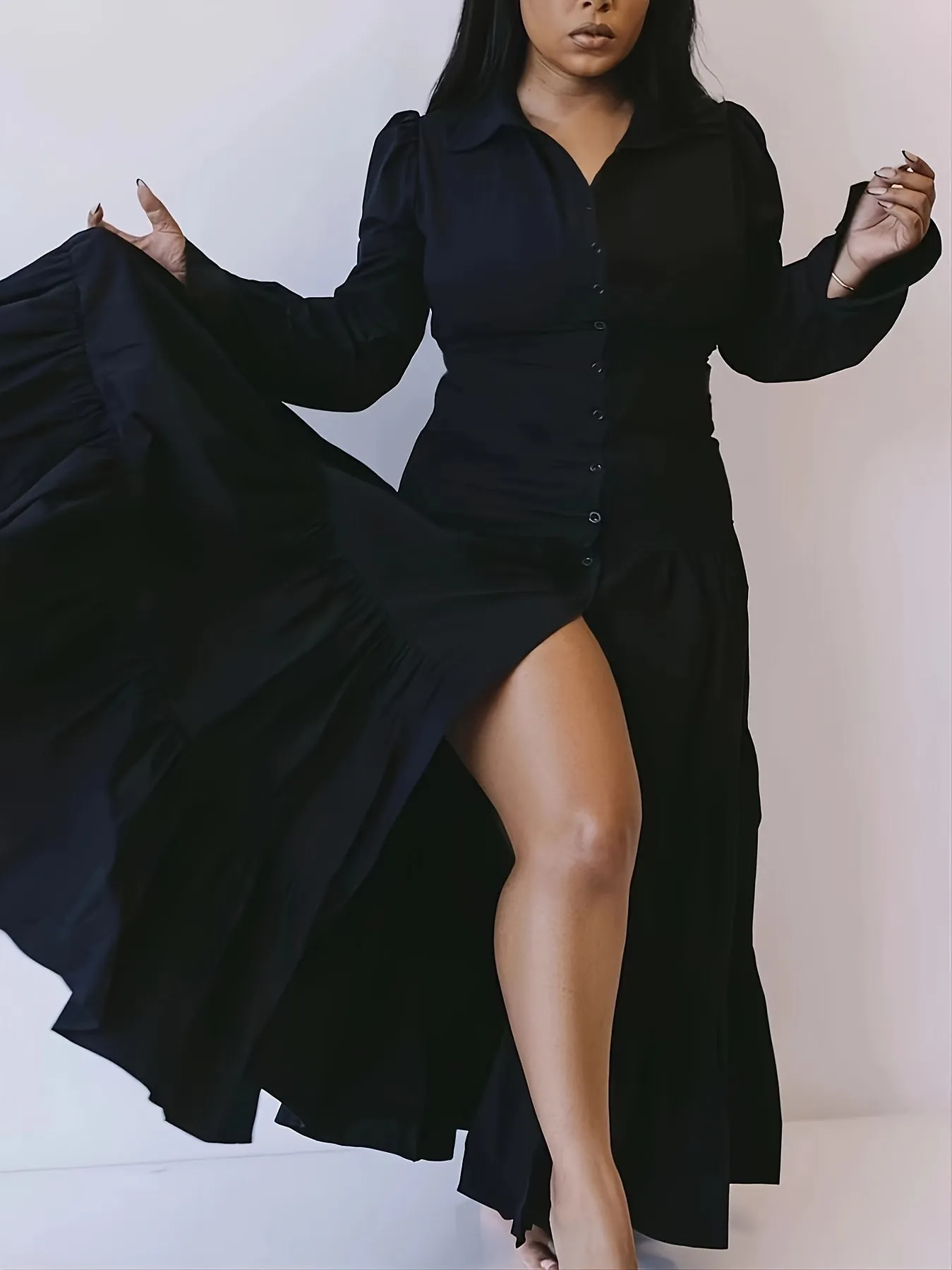 Plus Size Chic Ruffle Hem Dress with Button Detail - Casual Long Sleeve Collared Style - Perfect for Your Fashion-Forward Plus Size Closet