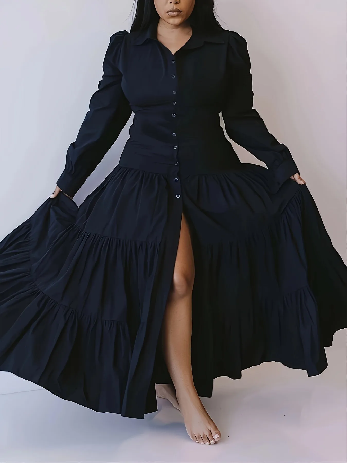 Plus Size Chic Ruffle Hem Dress with Button Detail - Casual Long Sleeve Collared Style - Perfect for Your Fashion-Forward Plus Size Closet
