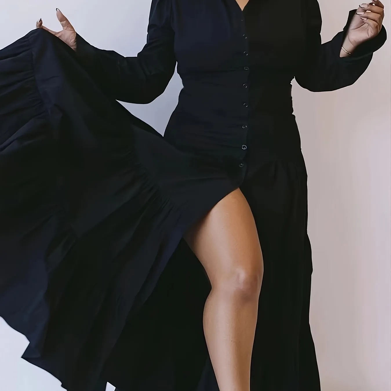 Plus Size Chic Ruffle Hem Dress with Button Detail - Casual Long Sleeve Collared Style - Perfect for Your Fashion-Forward Plus Size Closet