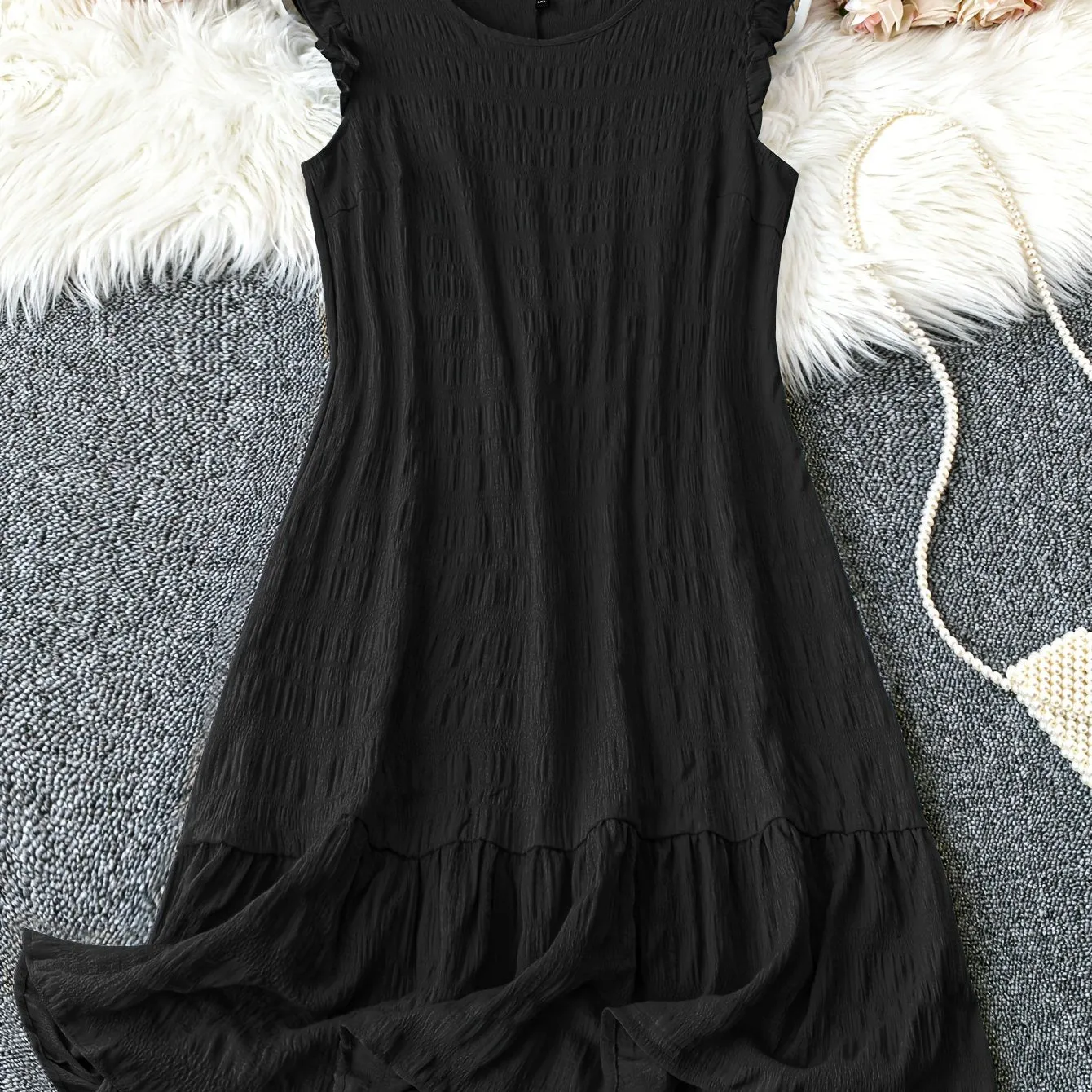 Plus Size Elegant Crew Neck Tunic Dress - Soft Slight Stretch Polyester, Lettuce Trim, Machine Washable, Solid Color, Sleeveless, Ruffle Hem - Perfect for Spring, Summer, and Fall Seasons