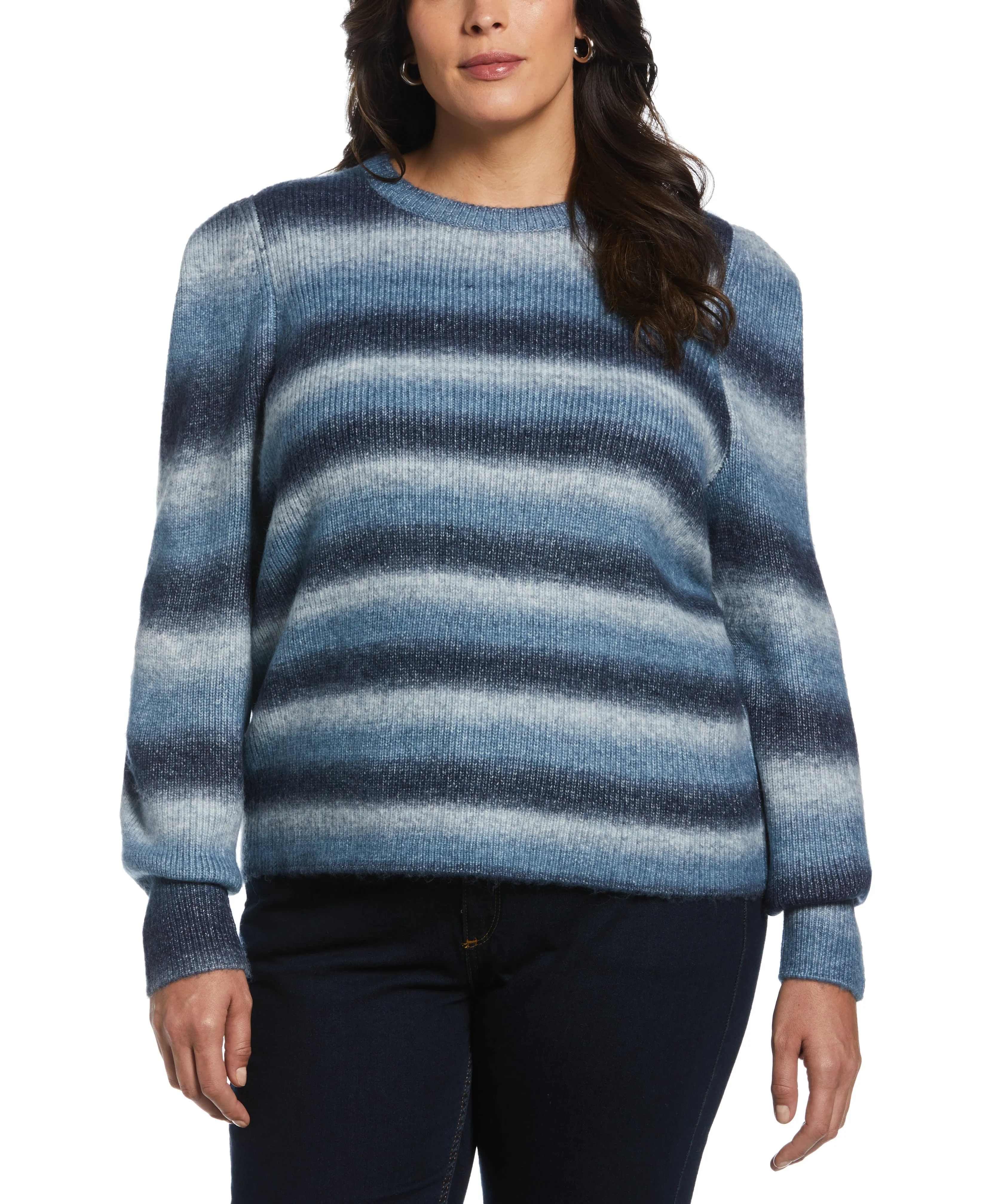 Plus Size Ombre Stripe Puff Sleeve Sweater