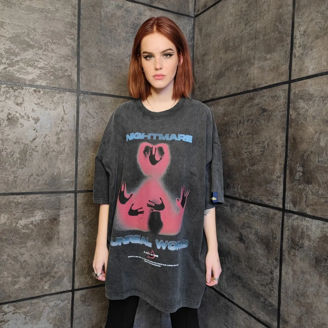 Premium Gothic t-shirt vintage wash nightmare slogan top Y2K Horror movie tee in acid grey