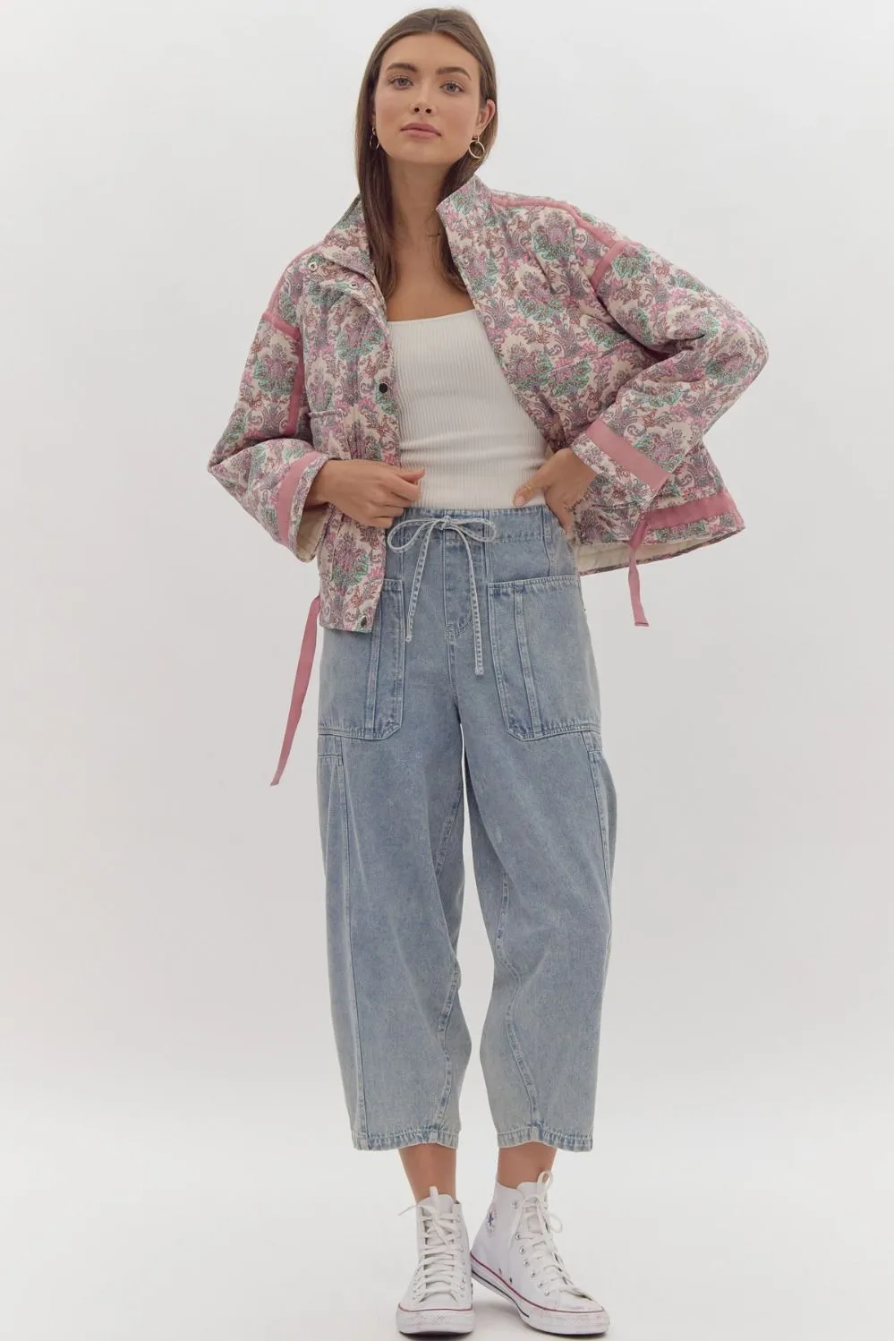Printed Snap Button Quilted Jacket