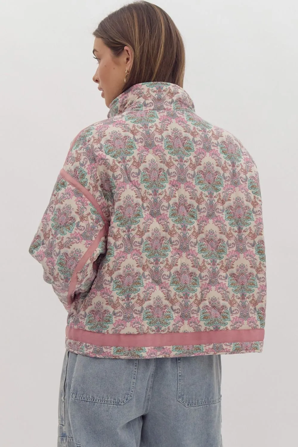 Printed Snap Button Quilted Jacket