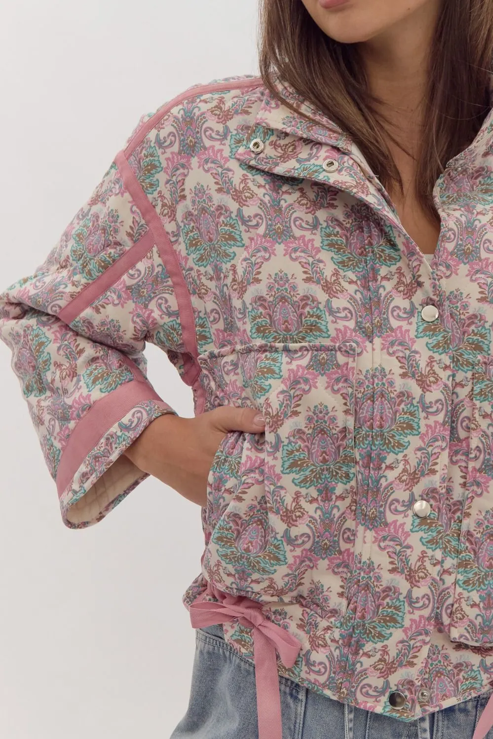 Printed Snap Button Quilted Jacket