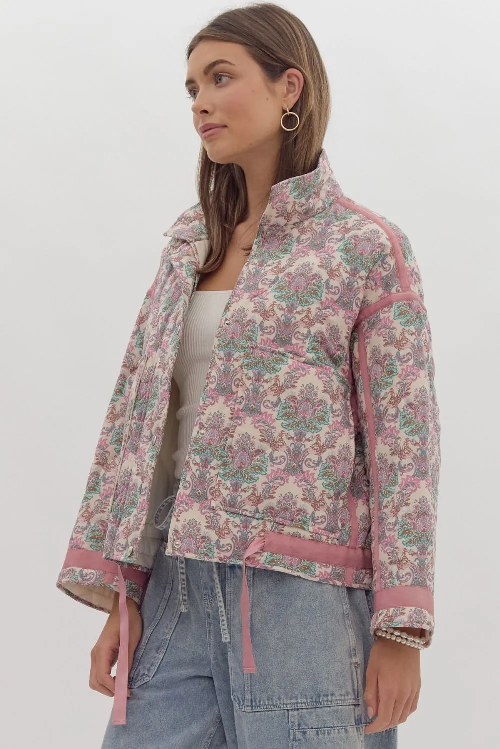 Printed Snap Button Quilted Jacket