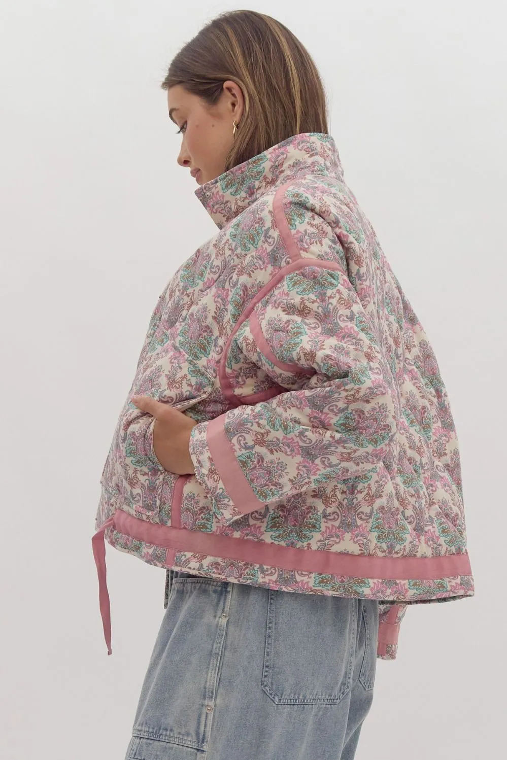 Printed Snap Button Quilted Jacket