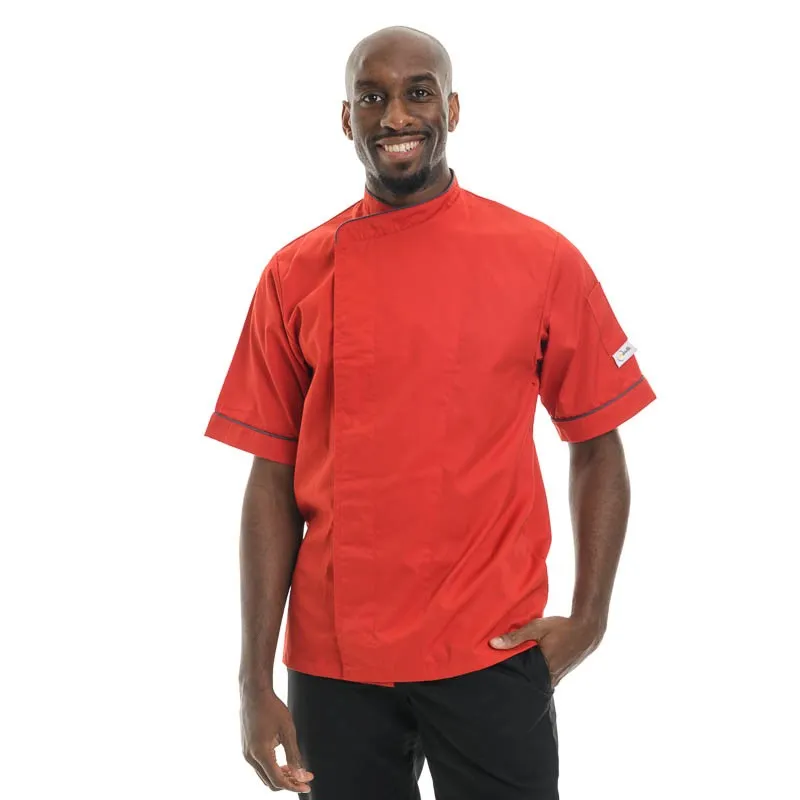 Red Large Short Sleeve or Long Sleeve Kitchen Coat with Gray Piping - MANELLI